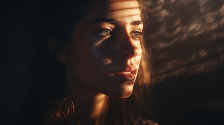 cinematic portrait of a woman's face, one side lit by the last sun rays