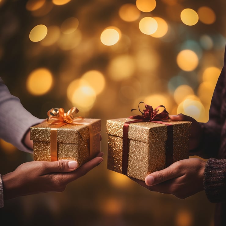  two people exchanging christmas gifts, bokeh lights background