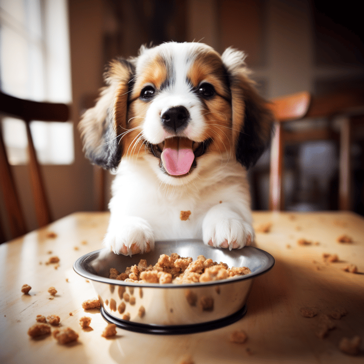 extremely cute puppy eating kibble
