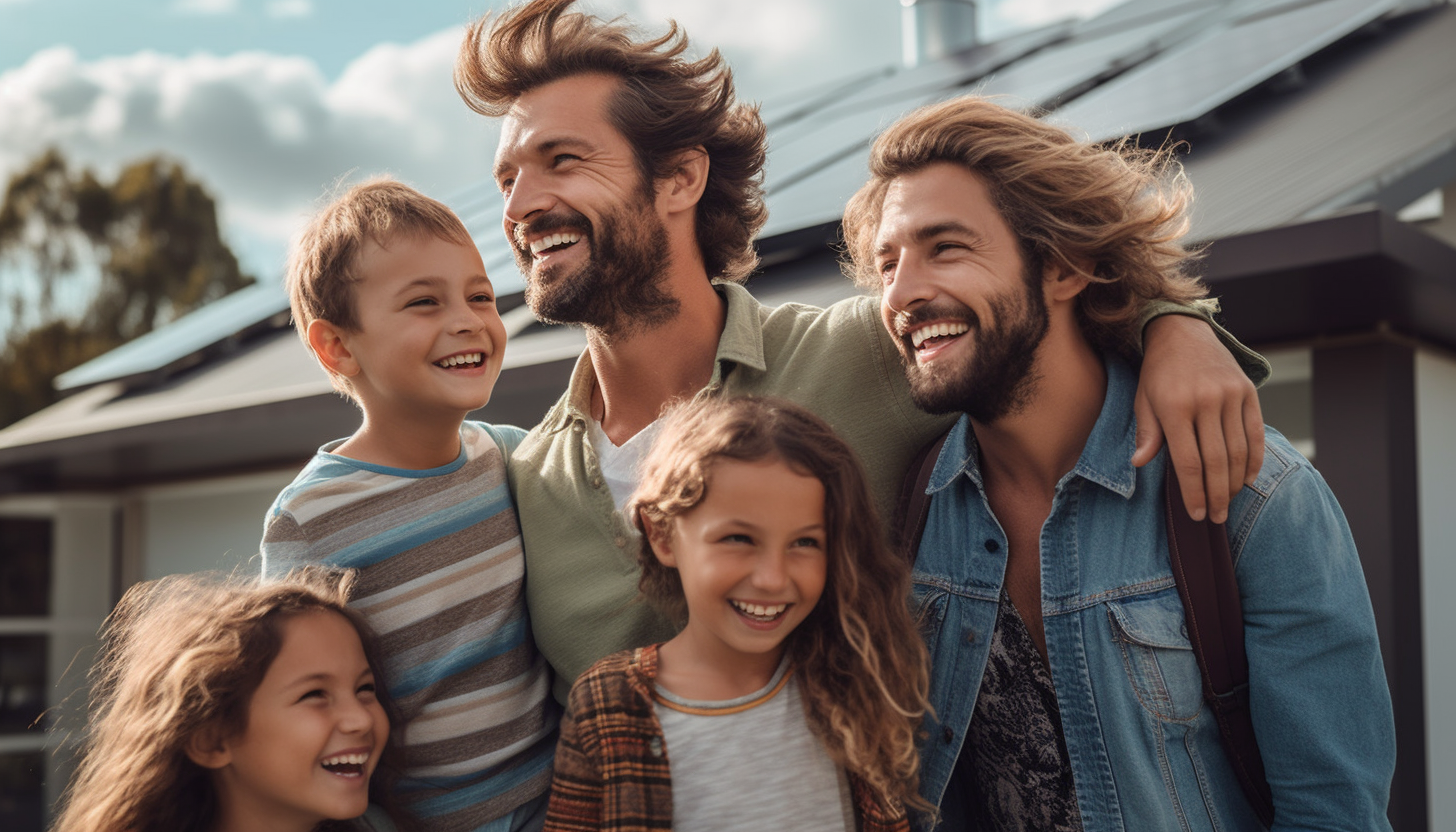 wide angle hero shot of a happy australian family with a mom and dad and a kid in front of a modern home with solar panels on the roof,