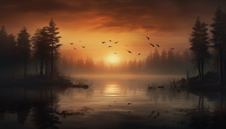 wild foggy forest sunset