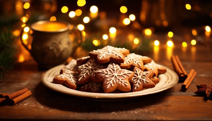 gingerbread cookies on a plate on a wooden table with christmas decorations
