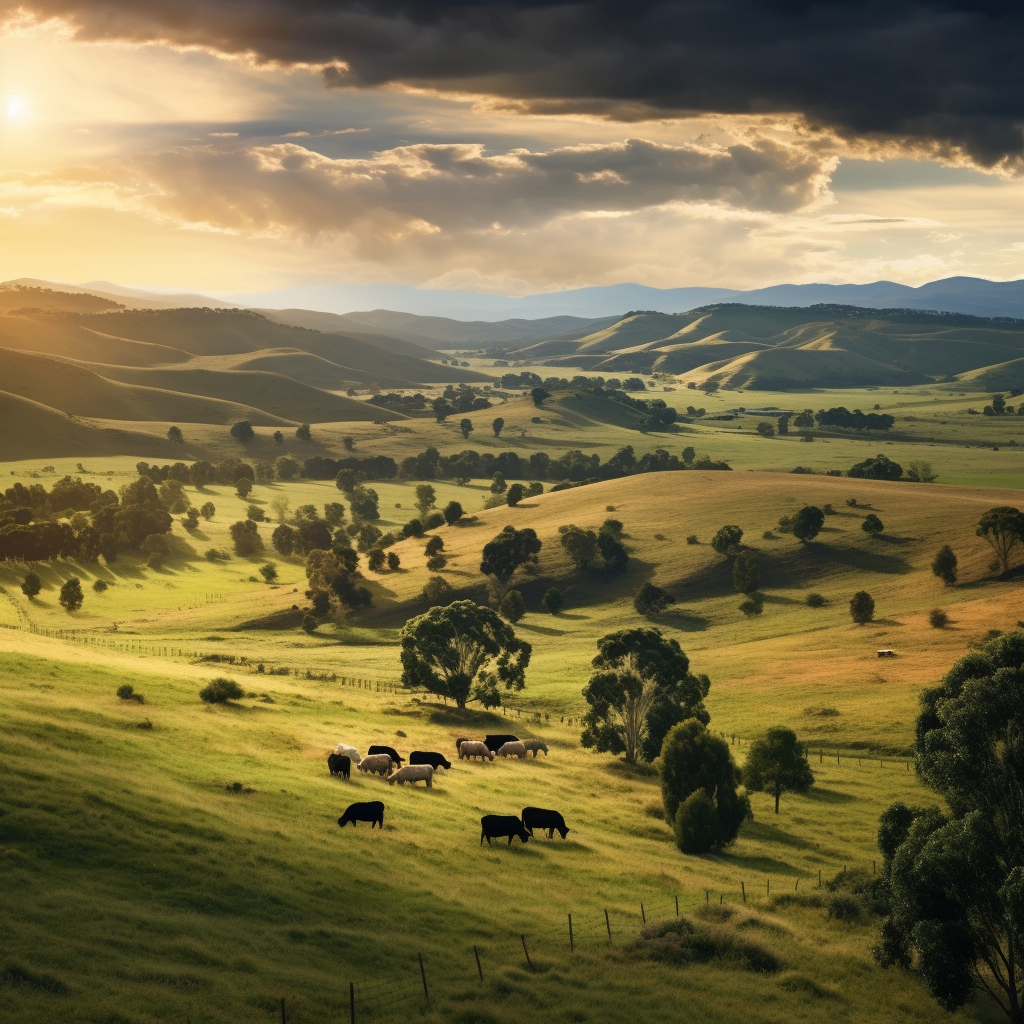 epic landscape shot of lush countryside in goulburn australia featuring chianina cows on the hills