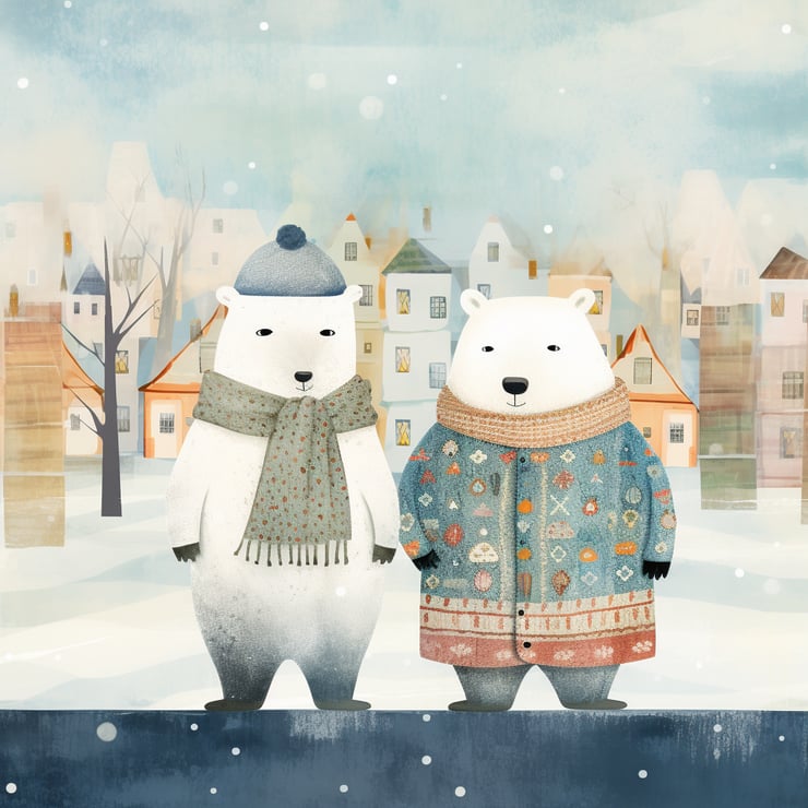  polar bears dressed in winter clothing 