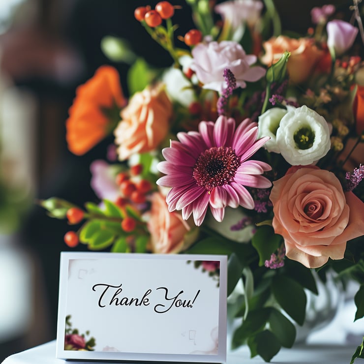 flowers placed on table with a dedication card that says "Thank You!"