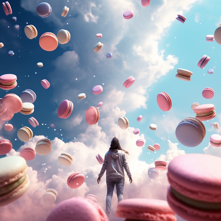 image of large colorful macarons falling from the sky