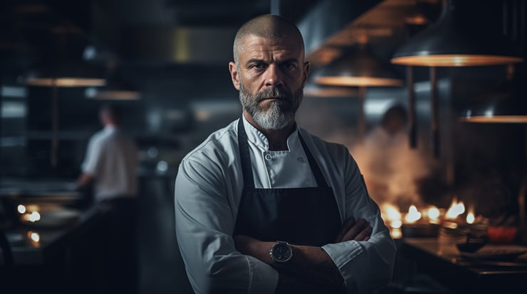 Atmospheric portrait of a male chef in his late 40s