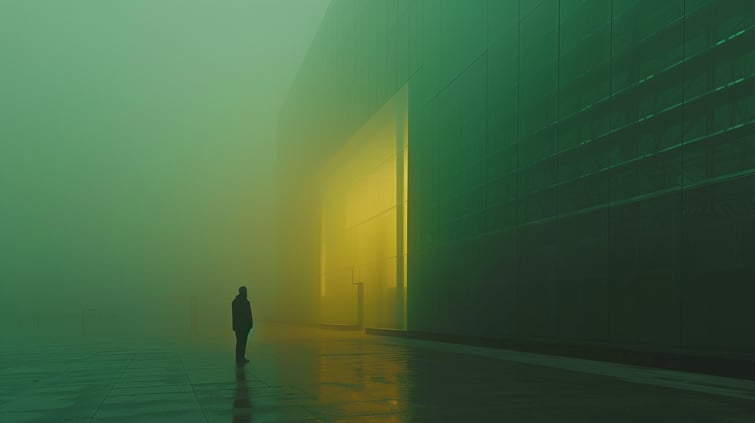 A man standing in front of a building in the fog