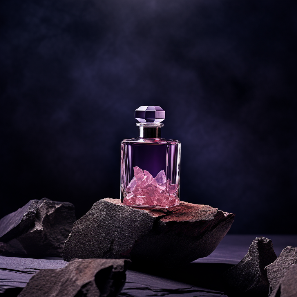 a purple perfume bottle on a rock, in the style of realistic still life