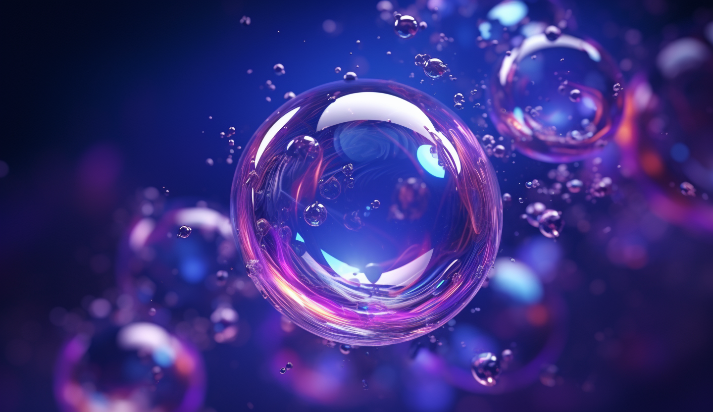 Prompt: surreal blue and purple gradient 3D bubble or ball chrome exploding, textured form, fantastical, cosmic, textured forms, gradient purple to dark background, lit elements, chrome, foam, particles, high resolution, 4k