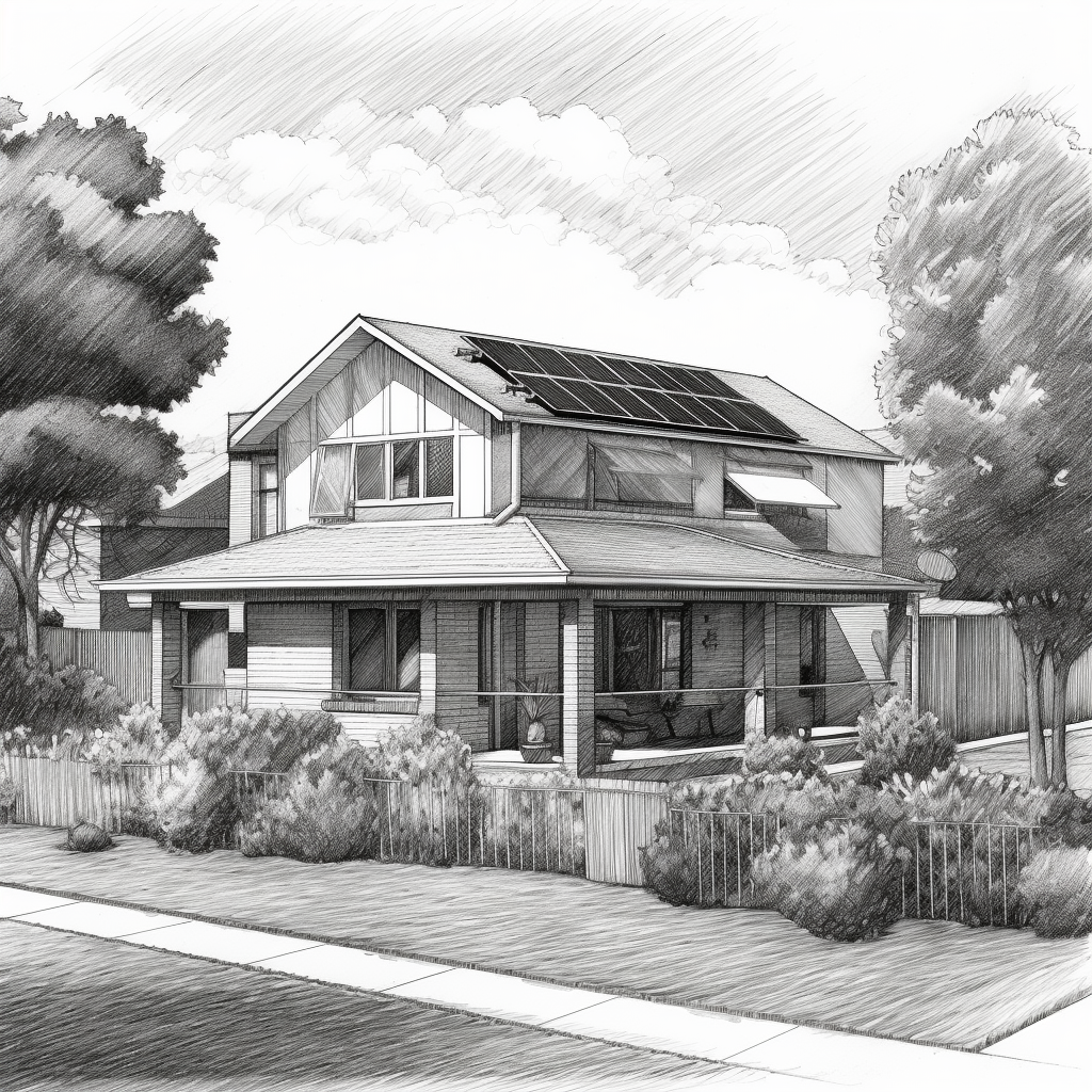 A high contrast dark pencil sketch of an australian house with solar panels, white background