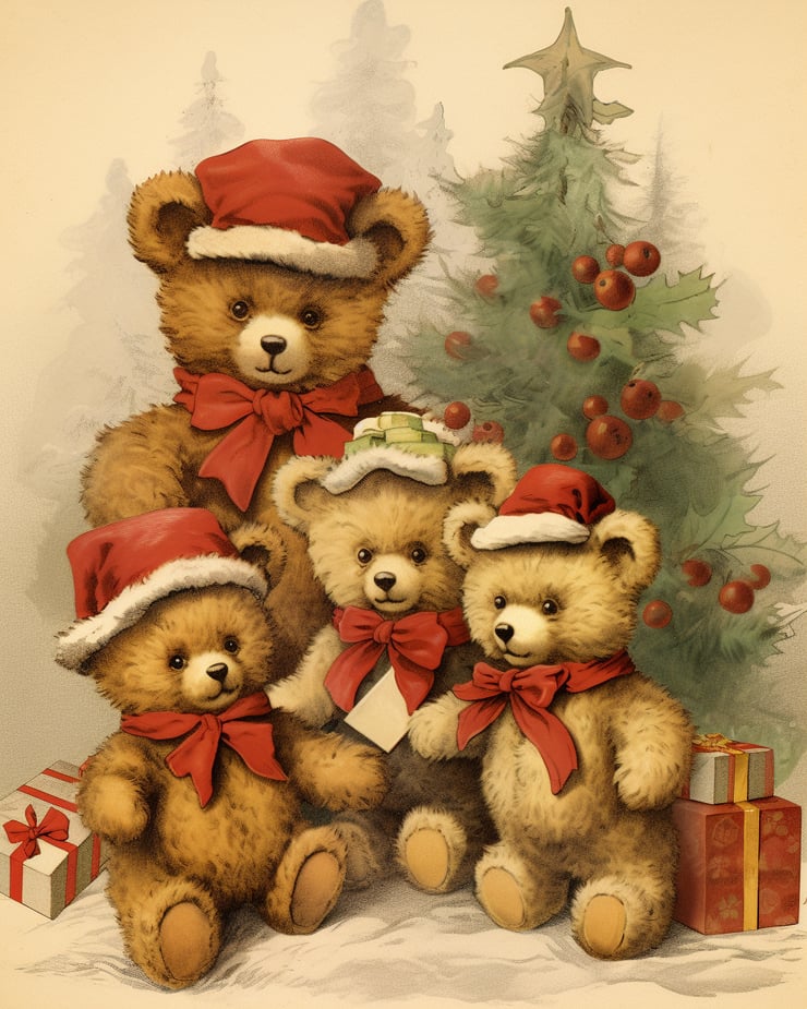 a vintage yellowed Christmas postcard with teddy bears, in the style and setting of xmaspunk