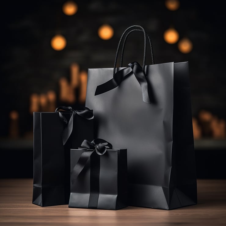 minimalist black shopping paper bag in black background