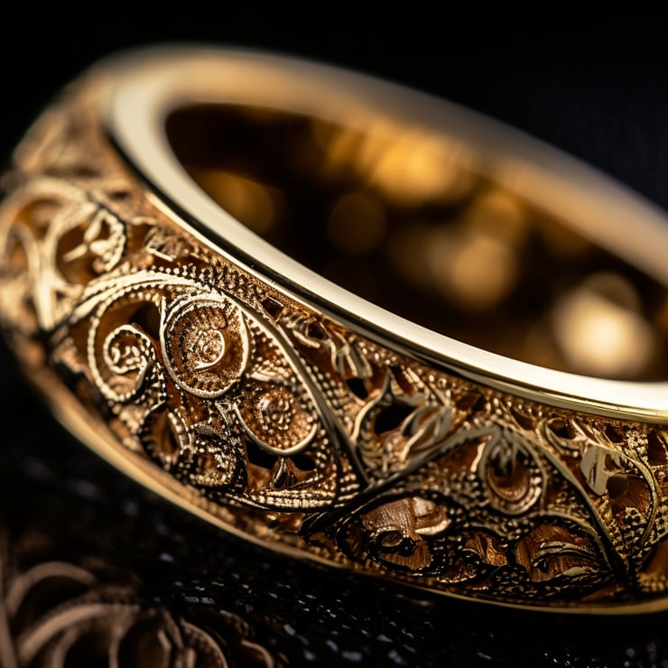 intricate close-up shot of a golden ring