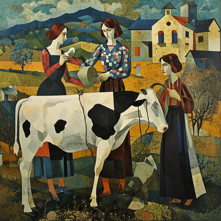 Maids milking a cow