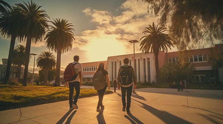 students walking towards the college building