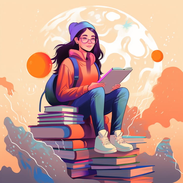 illustration of college student sitting on a stack of books