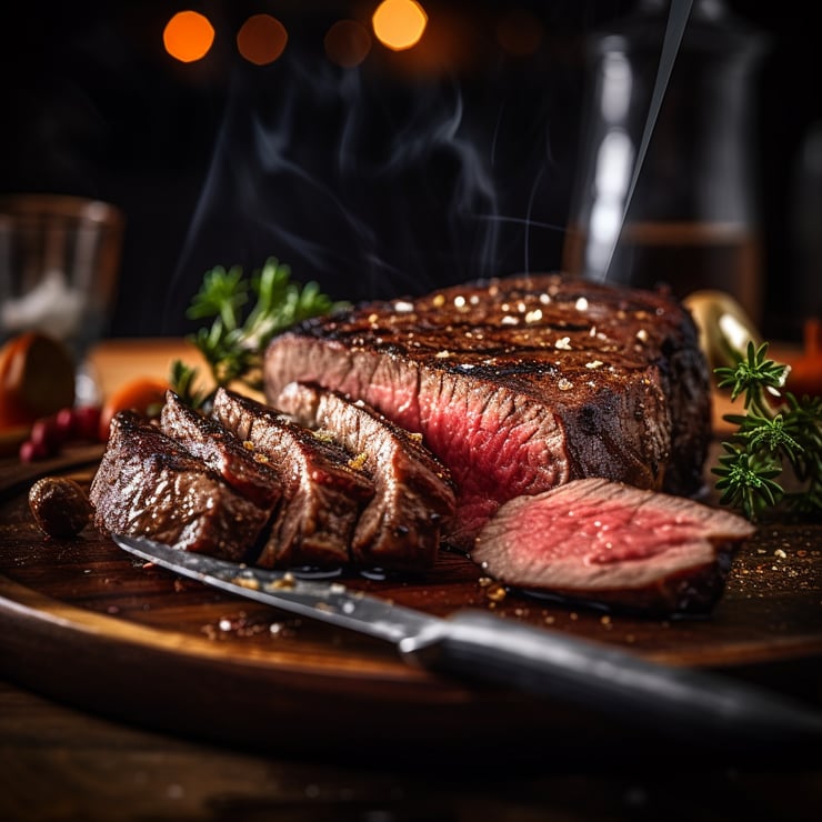 food photography of a delicious steak, sliced in the middle with a silver knife