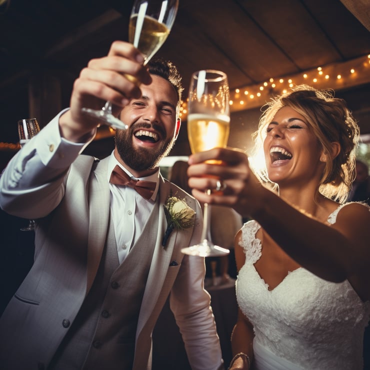 Wedding couple raising their champagne glasses