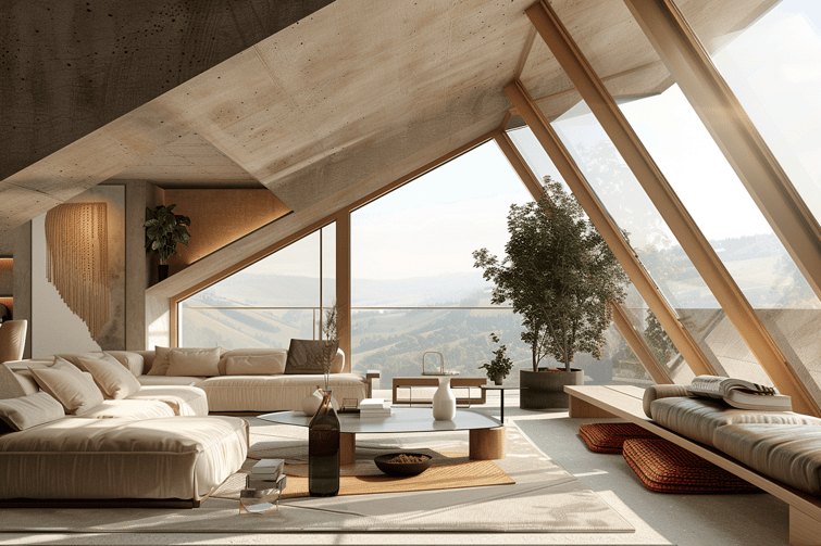 Slanted roof modern living room interior render