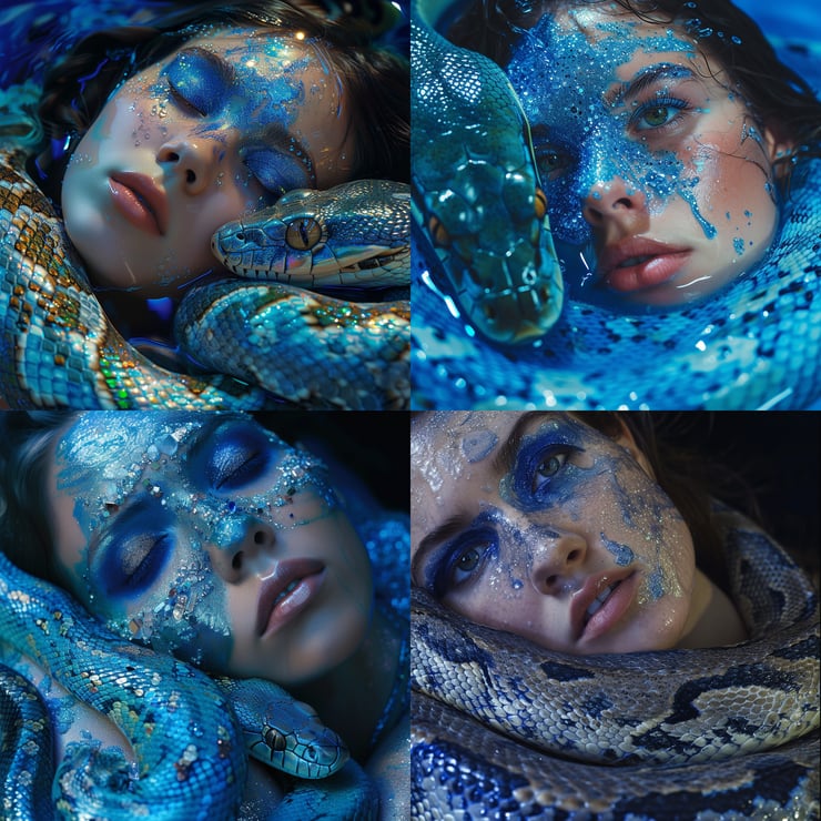 a woman with blue paint on her face lying on a snake