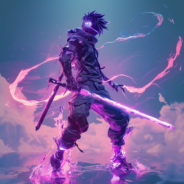  purple character holding an sword on a cloud