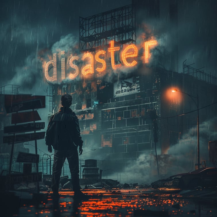 A man looking at a building with the word "disaster"