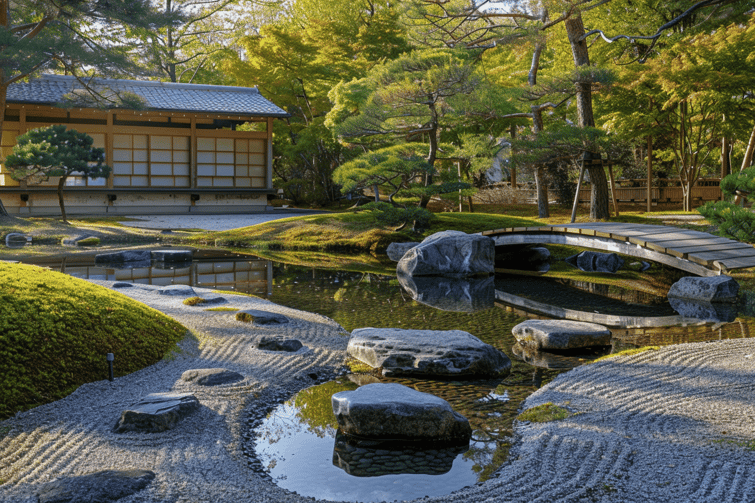 Photo of A serene Zen garden with carefully raked gravel patterns and minimalist landscaping