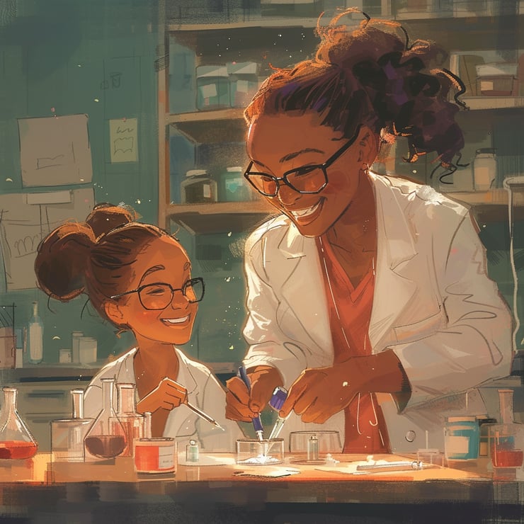 Young girl smiling with her teacher in Science class
