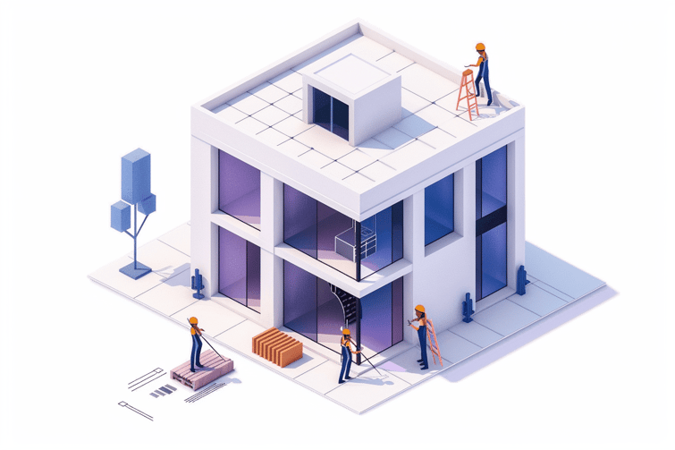 minimalistic illustration isometric of workers building a modern minimalistic home