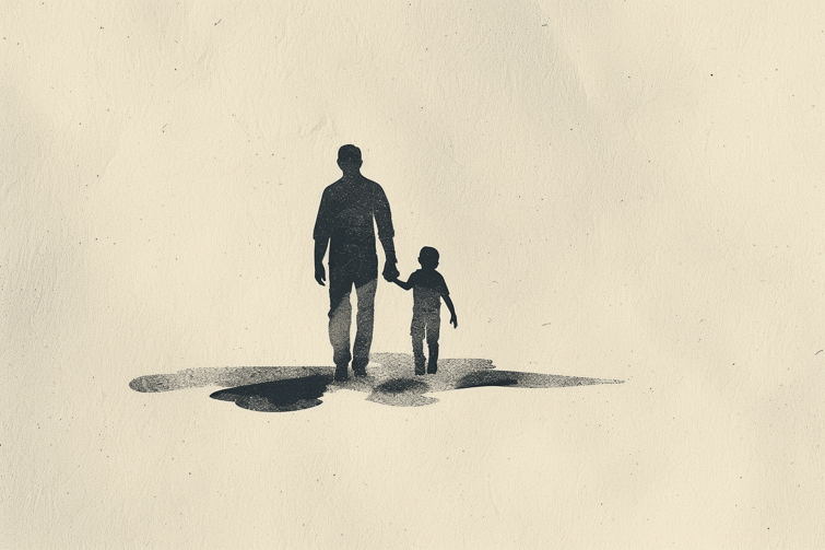 A hand-drawn illustration in the minimalist style of a silhouette of a father and son walking together, on cream textured paper background.