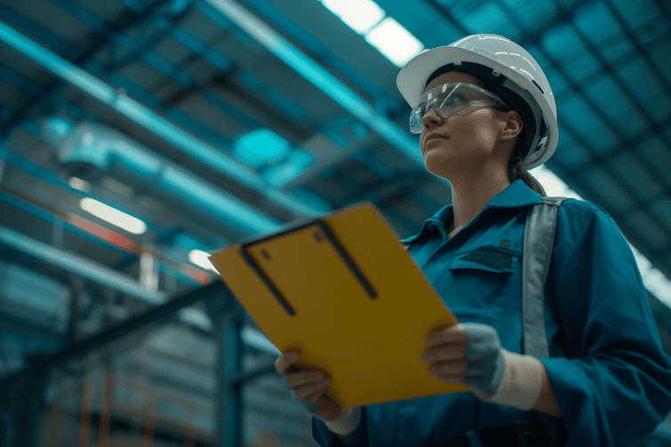 An engineer woman looking satisfied, in clean blue work clothes and a white hard hat holds a yellow folder with black stripes.