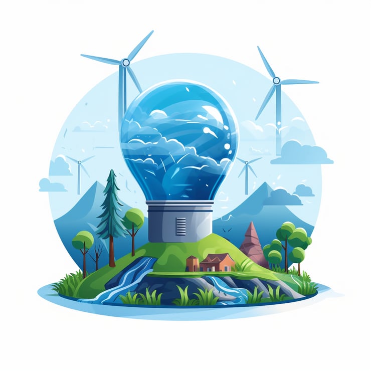 a light bulb and wind turbines in a cartoon style