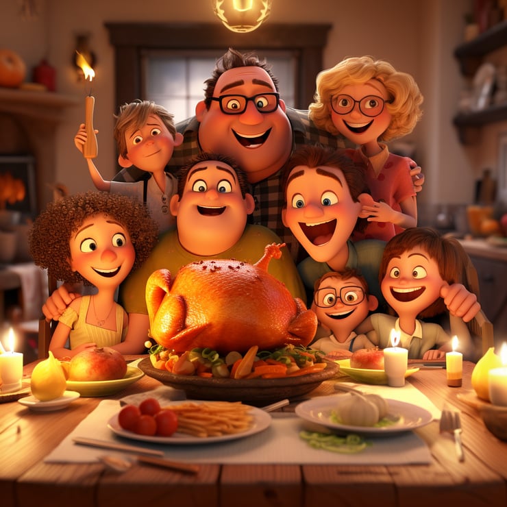 celebrating thanksgiving dinner, pixar style