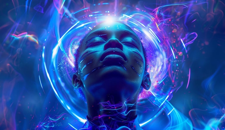 A portrait of a person encircled with a glowing light, abstract background