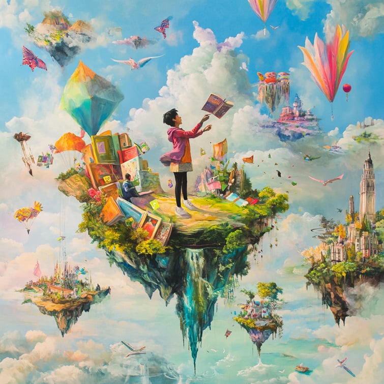 Surreal artwork where young people are floating in a dreamscape