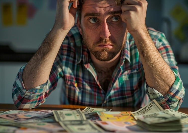 Australian man counting Australian dollar bills looking frustrated